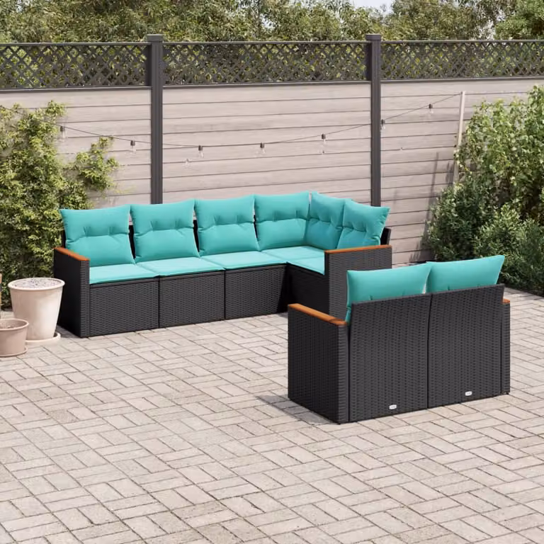 Set di divani da giardino vidaXL in polyrattan nero composto da 7 pezzi con cuscini inclusi e struttura in metallo per esterno