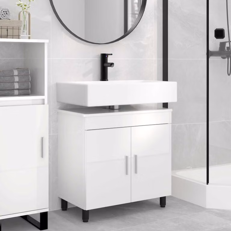 vidaXL Mobiletto da bagno moderno in MDF bianco lucido L: 60 cm, P: 35 cm, H: 60 cm