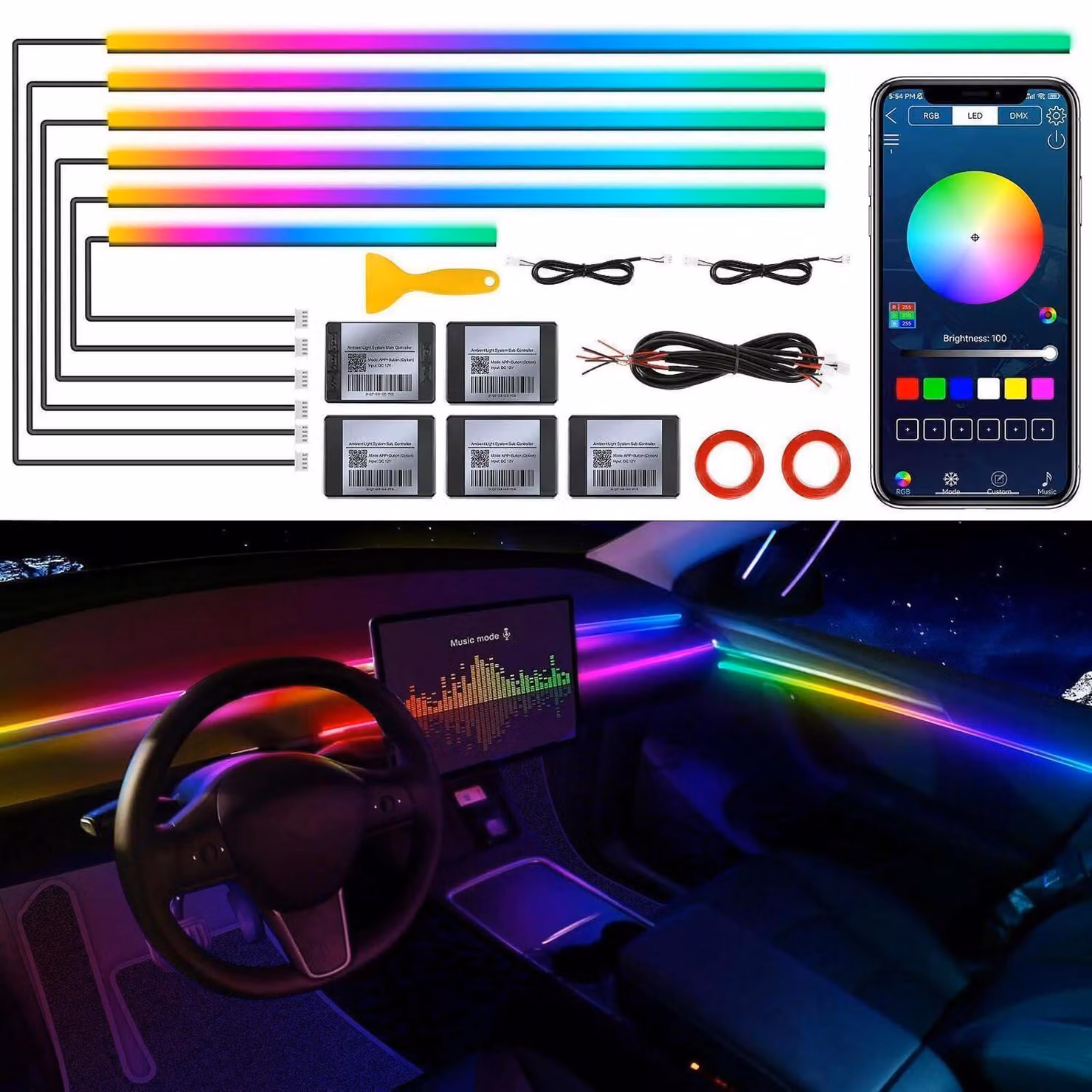 Illuminazione interna per auto a LED, acrilico, RGB, controllo tramite app, sincronizzazione con la musica, 6 strisce