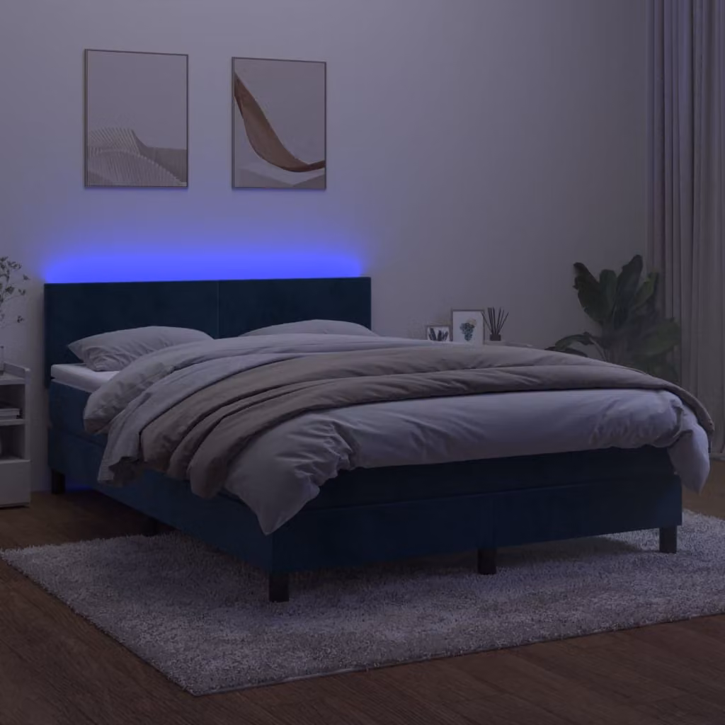 The Living Store Letto a molle con materasso e LED in velluto blu scuro 140x190 cm
