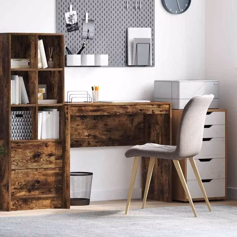 Scrivania compatta in legno impiallacciato effetto noce, ideale per l'home office