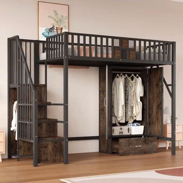 Letto a soppalco MINIMAL in metallo e legno con armadio, cassetti e scaletta, colore nero, L/P/H: 200 x 90 x 170 cm
