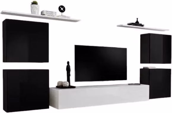 Composizione murale SWITCH IV Meublorama in MDF bianco e nero lucido con mobile TV, blocchi sospesi e scaffali, L: 320 cm, H: 40 cm, P: 150 cm – 1