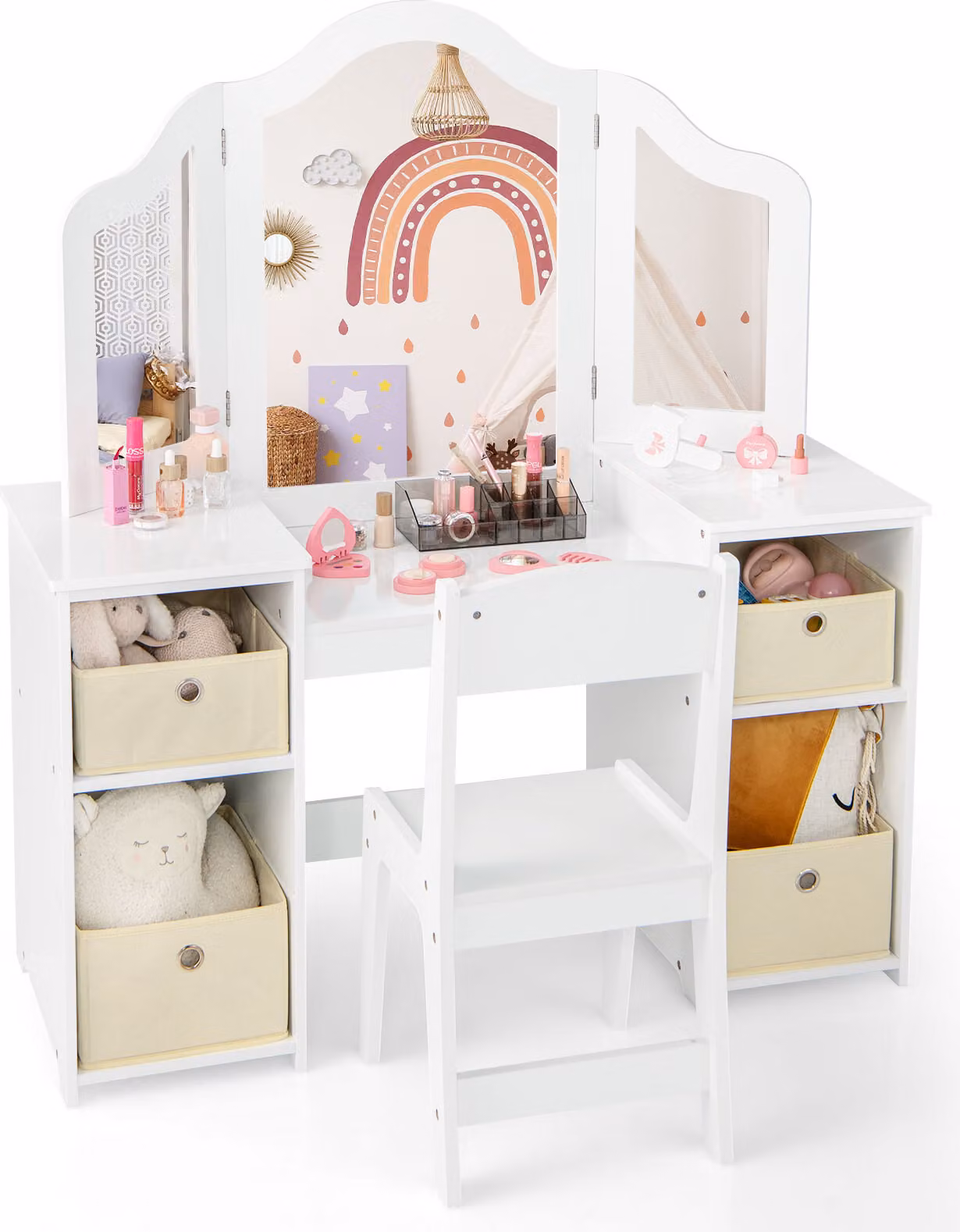 COSTWAY Set tavolo e sedia da trucco per bambini, set da gioco per principesse 2 in 1 con 3 specchi rimovibili, bianco