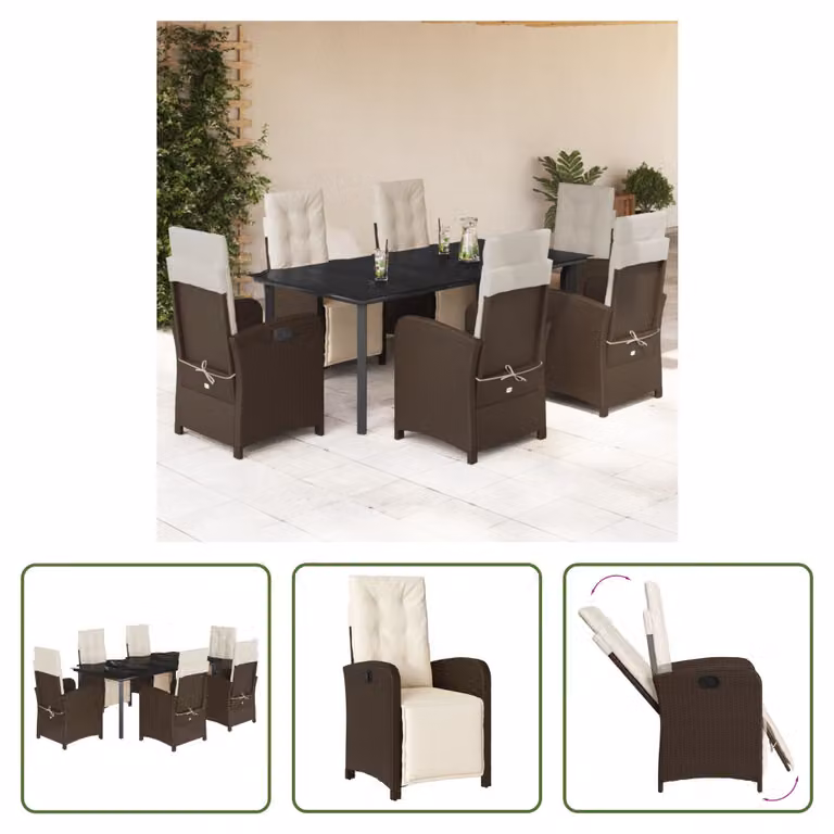 The Living Store Set da pranzo da giardino 7 pezzi con cuscini in polirattan marrone