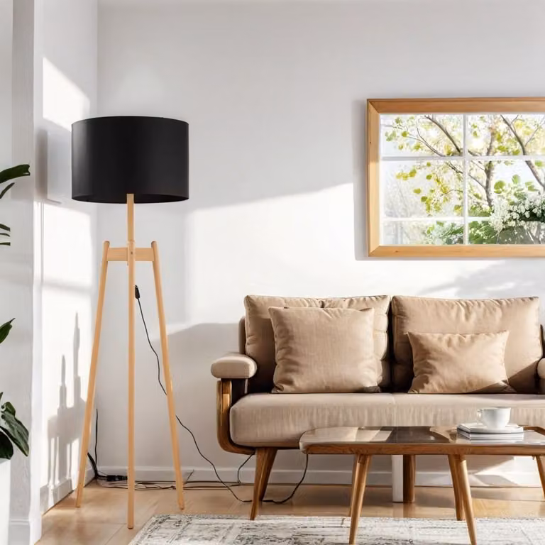 Lampada da terra a treppiede 168 cm legno tessuto E27 naturale nero lampada da terra soggiorno