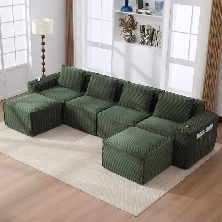 Divano modulare a 4 posti - a forma di "U" - rivestito in tessuto - imbottitura in schiuma - comfort di seduta medio-morbido - da montare - colore verde
