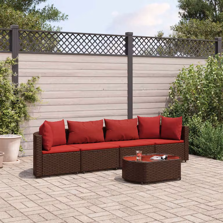 Set Divano da Giardino vidaXL 5 pz a L con Cuscini Marrone e Tavolino in Polyrattan e Acciaio