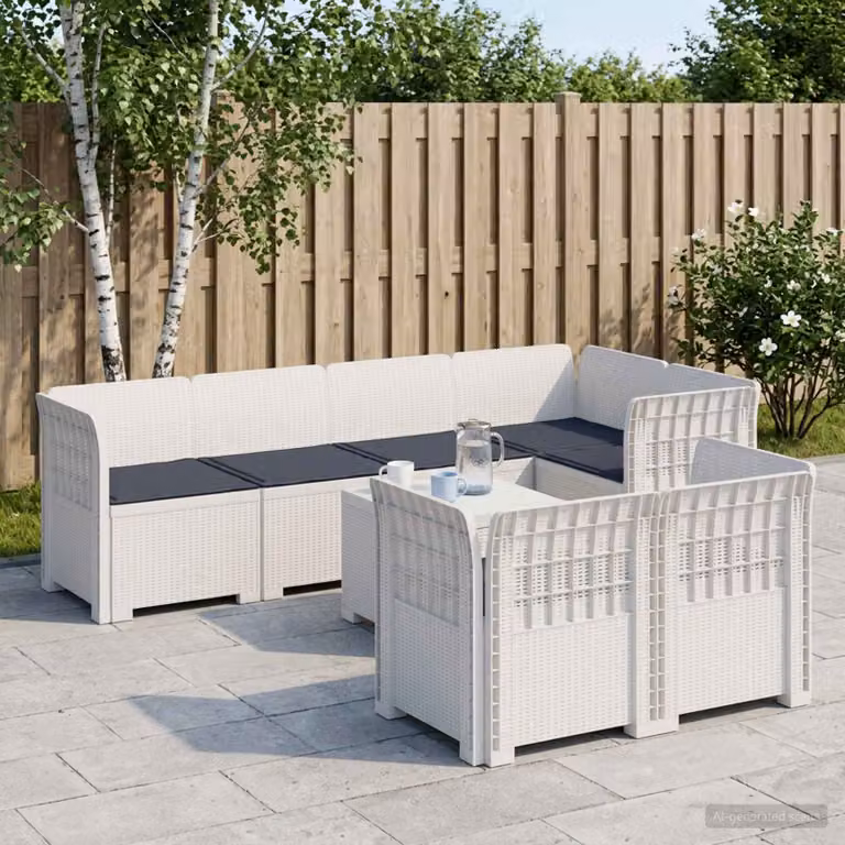 Set da giardino vidaXL a forma di U con 7 posti, in polyrattan bianco e grigio con cuscini rimovibili e tessuto resistente ai raggi UV