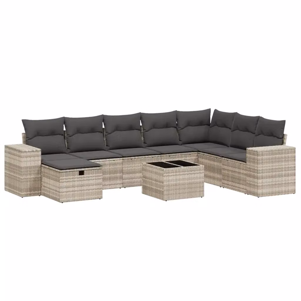 Set Divano da Giardino vidaXL 9pz a Forma di L con Cuscini Grigio Chiaro e Tavolino in Vetro – 2