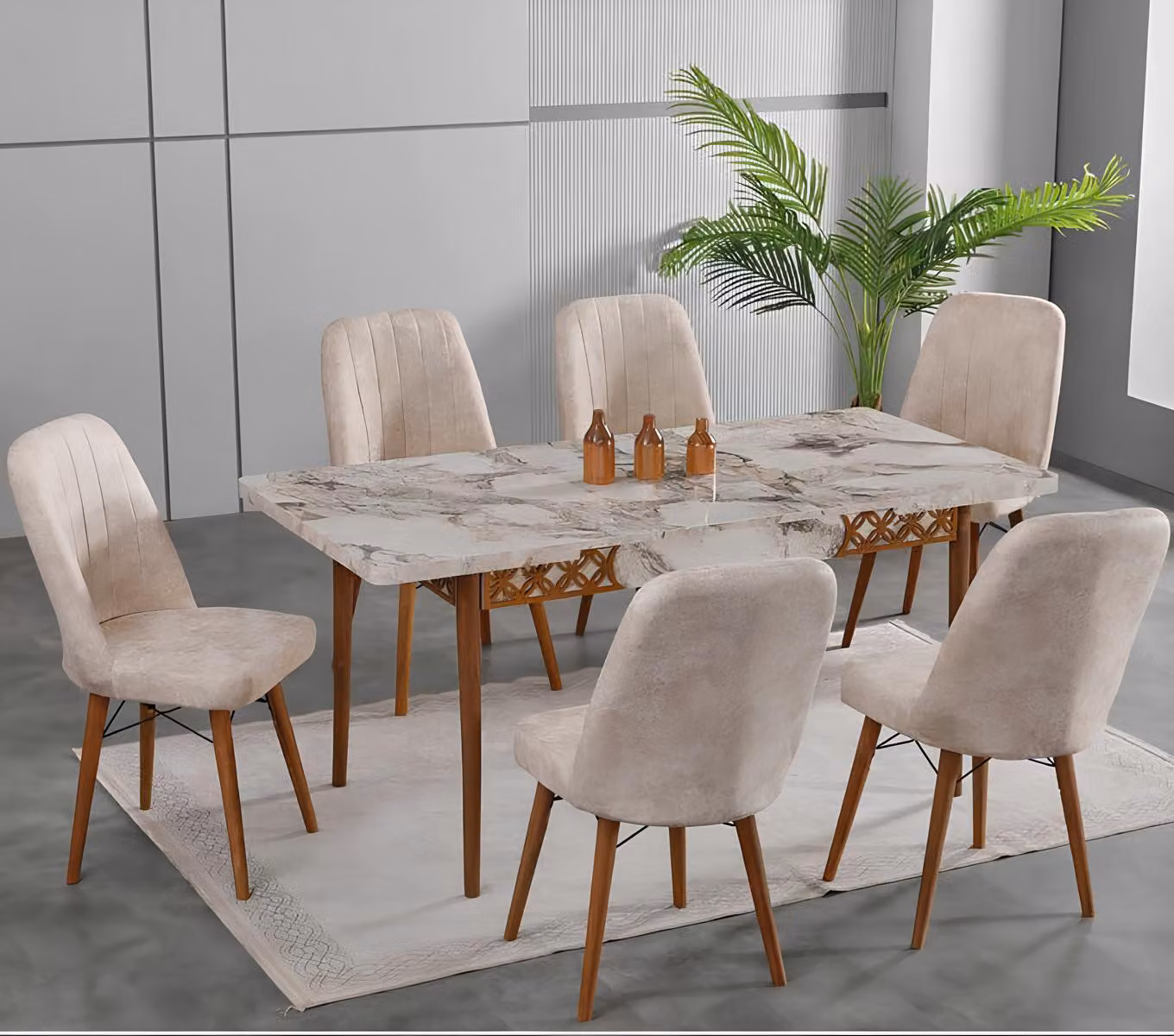 Tavoli da pranzo, set da pranzo, sedie, forma rettangolare, marmo, bianco, comfort