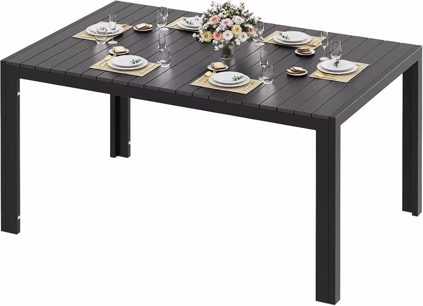 Tavolo da giardino in alluminio - Tavolo da esterno rettangolare - 140 x 90 x 75 cm - Struttura in alluminio - Piano del tavolo in WPC - Per 8 persone - Resistente agli agenti atmosferici - Gambe nere, piano del tavolo nero
