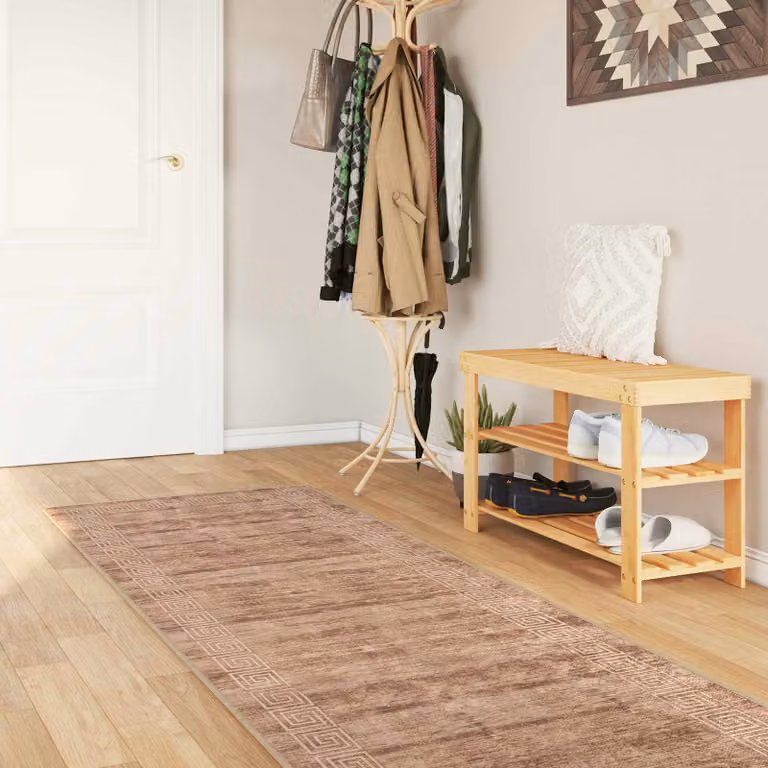 Tappeto Runner vidaXL MARSA Bianco e Marrone, Design Astratto Moderno, Lavabile e Antiscivolo, L 350 x P 80 cm