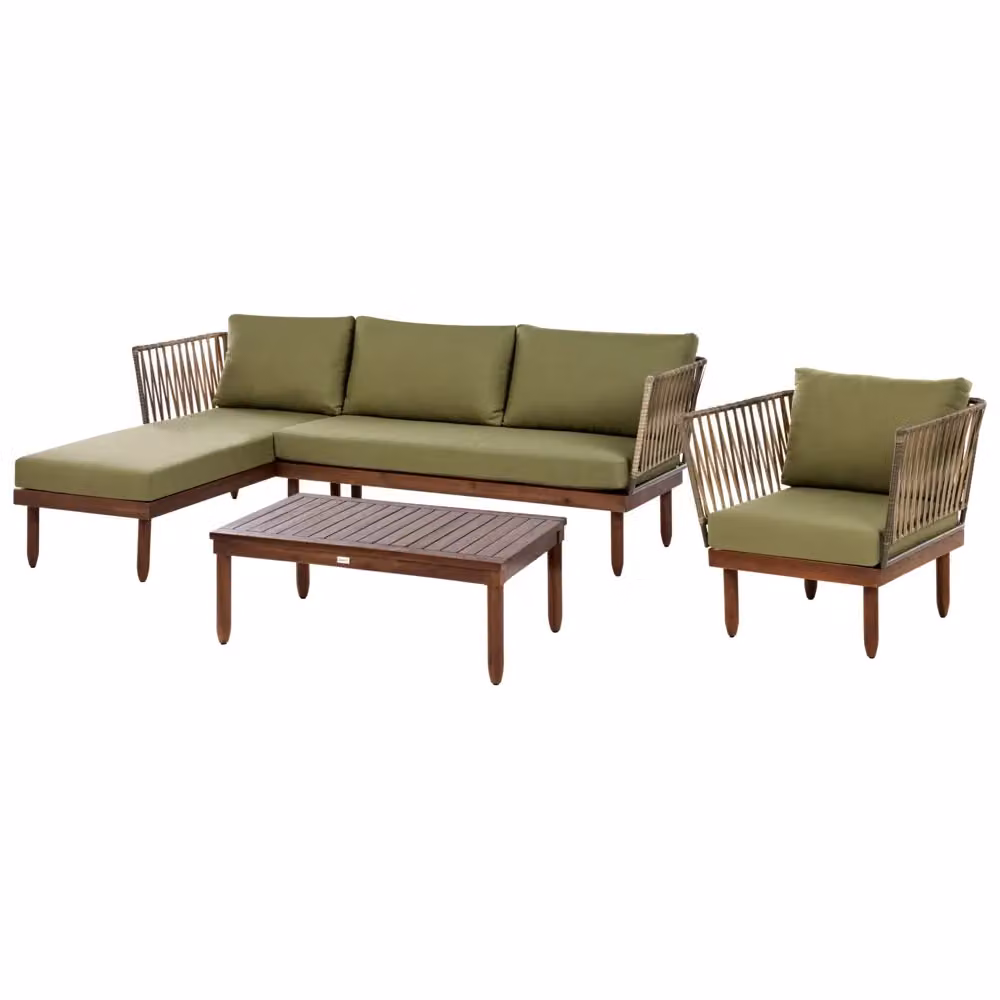 Set Lounge da Giardino Beliani ad Angolo Destro con Tavolino, Struttura in Legno di Acacia e Cuscini Verdi e Marroni – 2