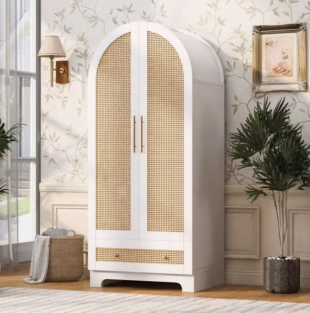 Armadio a 2 ante con 2 cassetti e vano capiente 70 x 55 x 170 cm; effetto rattan; bianco