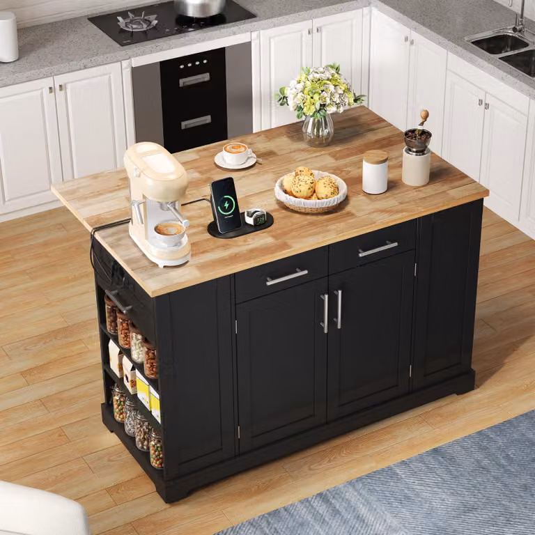 Isola da cucina STILVORA con piano di lavoro ribaltabile e contenitore per i rifiuti estraibile, carrello da cucina con rotelle silenziose, presa UE, USB e Type-C, mobile da cucina con ripiani regolabili, nero effetto legno