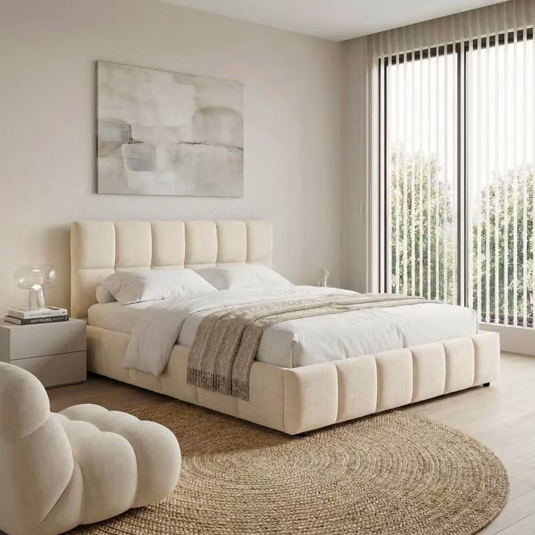 Letto imbottito EMILIA 140x200 cm, bianco crema - Letto con rete a doghe, struttura con testiera imbottita, rivestimento in tessuto con moderna trapuntatura, design moderno e struttura robusta