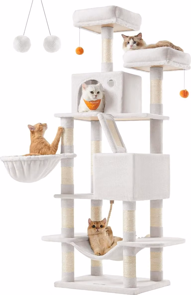 Tiragraffi Feandrea Large Alto 168 cm Tiragraffi a L con 13 tiragraffi, 2 piattaforme, 2 grotte, cesto, amaca, palline di peluche,