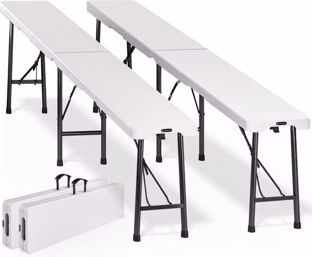 Set di 2 panchine da giardino Casaria bianche in plastica e acciaio verniciato a polvere pieghevoli – 1