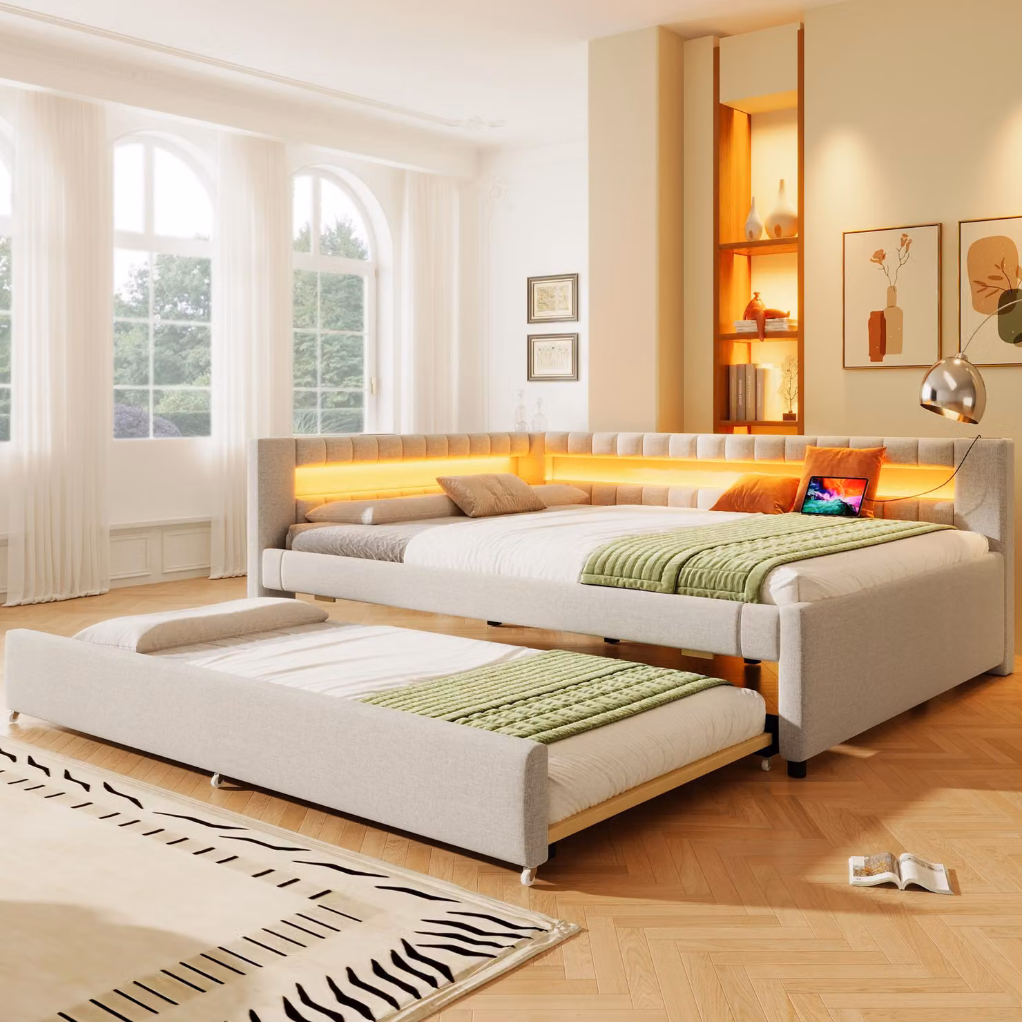 Merax daybed Daybed 140x200 cm, con letto estraibile 90x190 cm, LED, USB e Type-C, divano letto, divano letto, beige