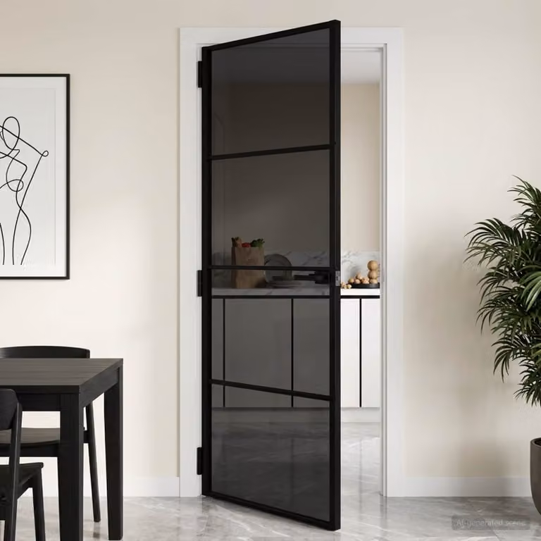 Porta interna moderna vidaXL in vetro temperato trasparente e alluminio nero, L: 76 cm, H: 201,5 cm