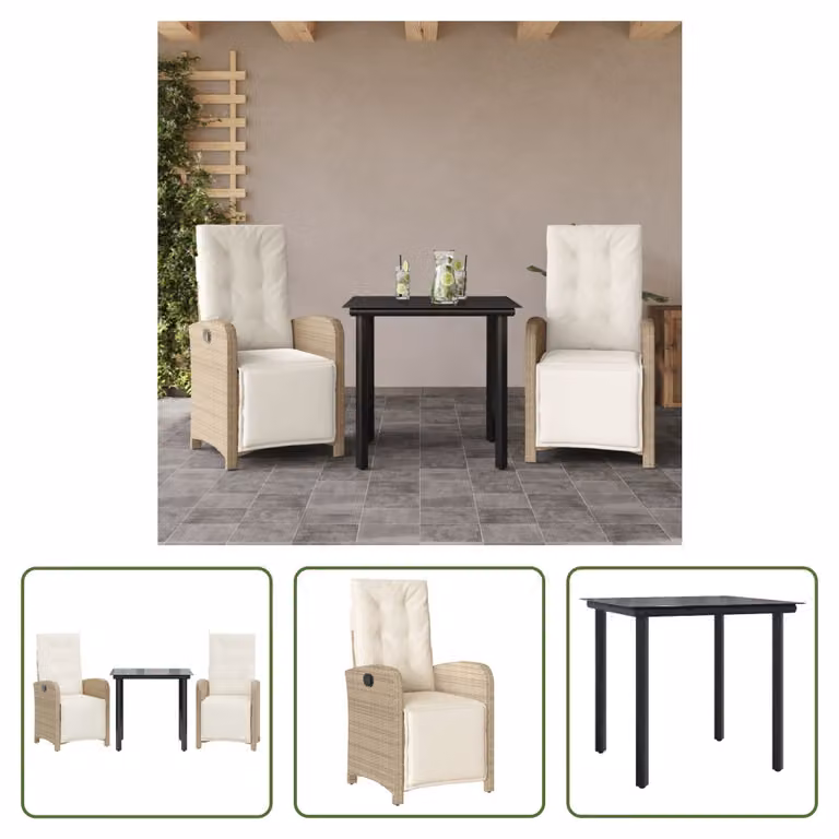 The Living Store Set da bistrot 3 pezzi con cuscini Beige poly rattan