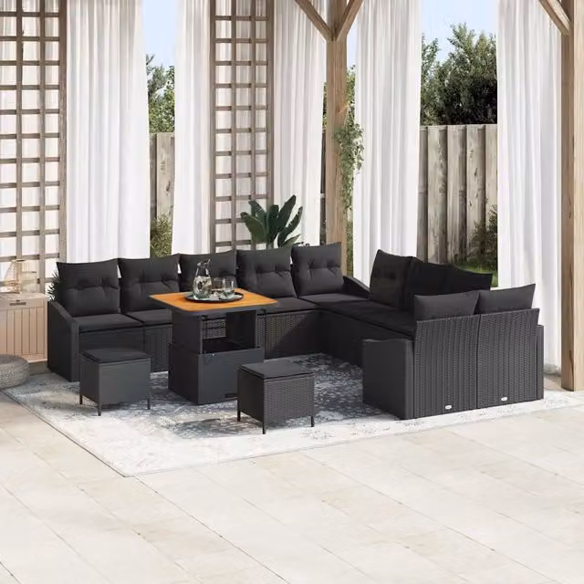 Set Divano da Giardino vidaXL a forma a U composto da 13 pezzi in Polyrattan Nero con Cuscini e Tavolino da Caffè