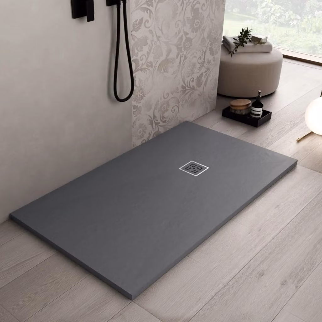 Piatto doccia rettangolare Olimpo Docce in marmoresina grigio scuro effetto pietra cemento non slip L: 140 cm, P: 90 cm – 2