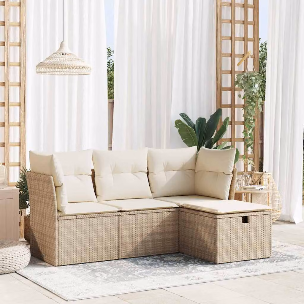 Set Divano da Giardino vidaXL 4 pz a Forma di L con Cuscini Beige e Struttura in Metallo e Polyrattan