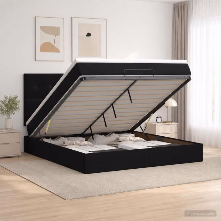 Letto ottomano con materasso vidaXL in velluto nero, moderno con contenitore a sollevamento, L/P/H: 200 x 140 x 88 cm