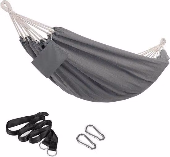 Amaca doppia 210 x 150 cm - Portata 300 kg - Grigio, con borsa per il trasporto, cinghie di fissaggio e ganci per tubi