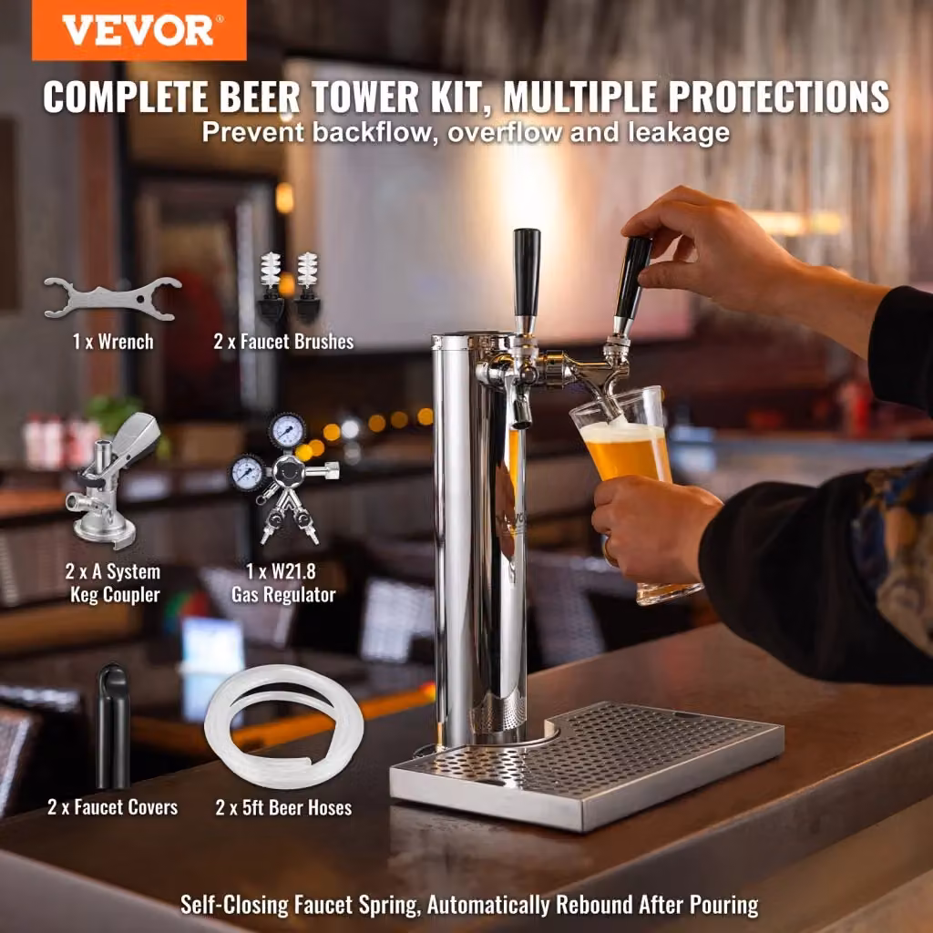 Distributore Torre Birra Vevor in Acciaio Inox Argento con Doppio Rubinetto, Regolatore W21,8 e Doppio Manometro, L/P/H: 43,5 x 21,8 x 17,5 cm – 2