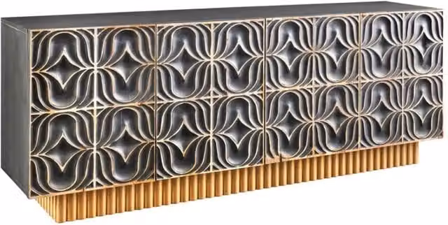 Buffet Meublorama in legno di mango stile retrò, colore grigio e oro, design geometrico per soggiorno o sala da pranzo – 1