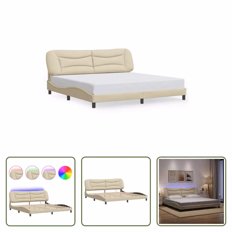 The Living Store Struttura letto con LED crema 200x200 cm in tessuto