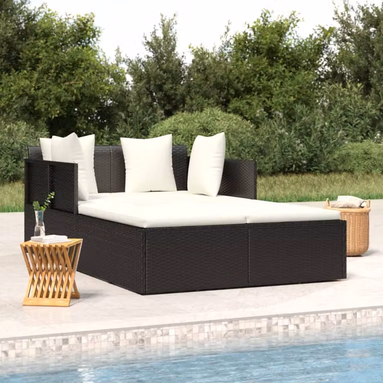 vidaXL Lettino da giardino in polyrattan nero con cuscini resistenti alle intemperie L: 182 cm, P: 118 cm, H: 63 cm