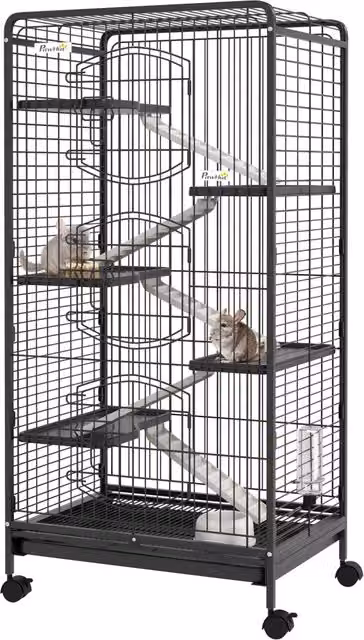Gabbia per piccoli animali Giordanoshop con ruote, rampe e accessori, colore nero, H: 131 cm, L: 61,5 cm, P: 44 cm – 1