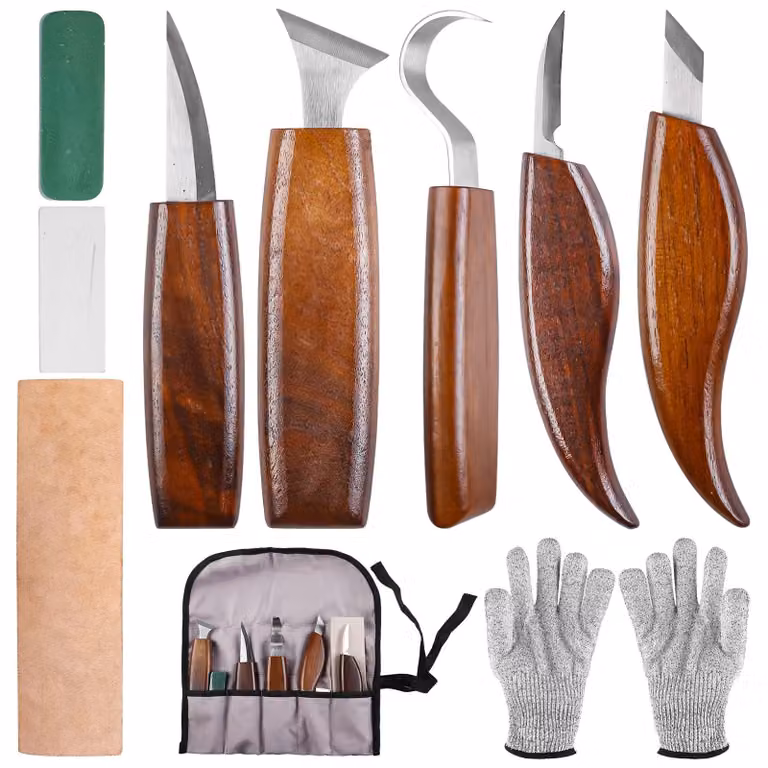 Omgoods - Set professionale di strumenti per intaglio del legno, completo di coltelli e guanti