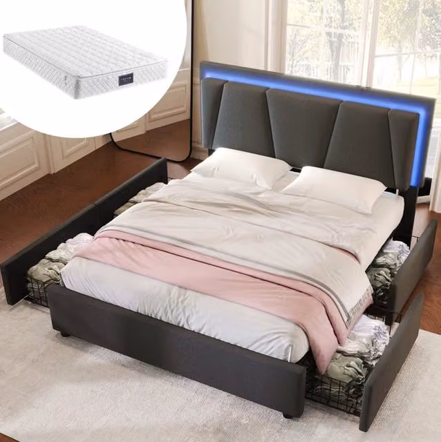 Letto 140x200 cm grigio – LED, 4 cassetti, testiera regolabile, con materasso