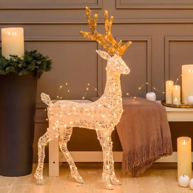 Renna 3D Top Eventi Store color crema e marrone con LED bianco caldo, Altezza: 105 cm