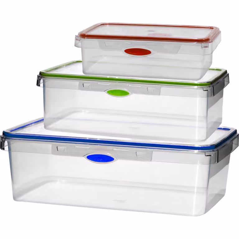 Set di 3 contenitori ermetici trasparenti Gusto Casa in polipropilene con chiusura a clip, adatti a microonde, congelatore e lavastoviglie