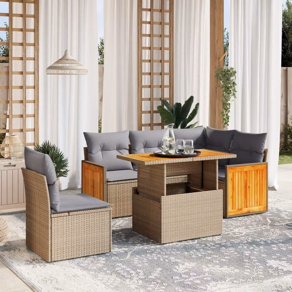 vidaXL Set Divano da Giardino a L 6 pz con Cuscini Beige e Tavolino da Caffè Moderno – 1