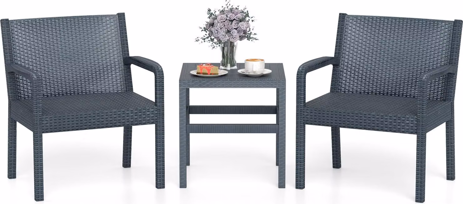 COSTWAY Set 3 pezzi di mobili da giardino in polyrattan, mobili da balcone PP resistenti alle intemperie, set da balcone incl. 2 sedie con tavolo, mobili da giardino patio set di sedute grigio