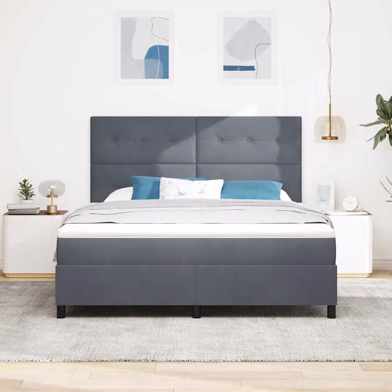Letto a molle con testiera vidaXL in velluto grigio, L/P: 180 x 200 cm