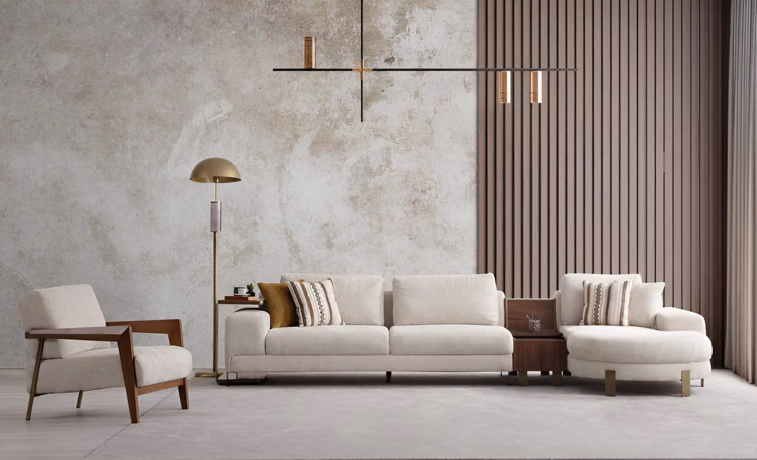 Set di divani: divano ad angolo a L e poltrona in beige – Pratico e morbido
