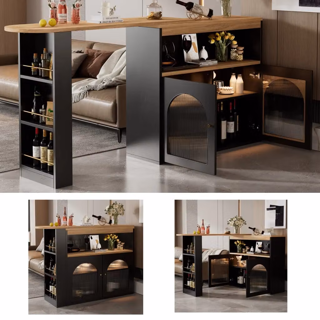 Tavolo da bar allungabile Vovees Living nero con piano girevole a 360 gradi, contenitore e illuminazione LED in MDF e vetro – 2