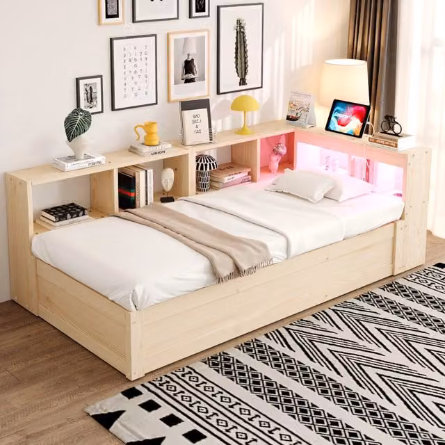 Divano Letto Singolo in Legno Massello 90x200 cm con Contenitore Idraulico; Prese Integrate; Luci LED e Vani Portaoggetti; Colore Legno Naturale