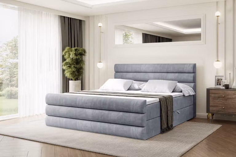 Letto boxspring ALTDECOR con pediera, materasso H3 e topper - 120x200 cm - CELESTIA-Z - Grigio velluto - Letto imbottito con contenitore e rete a doghe, letto con spazio contenitivo