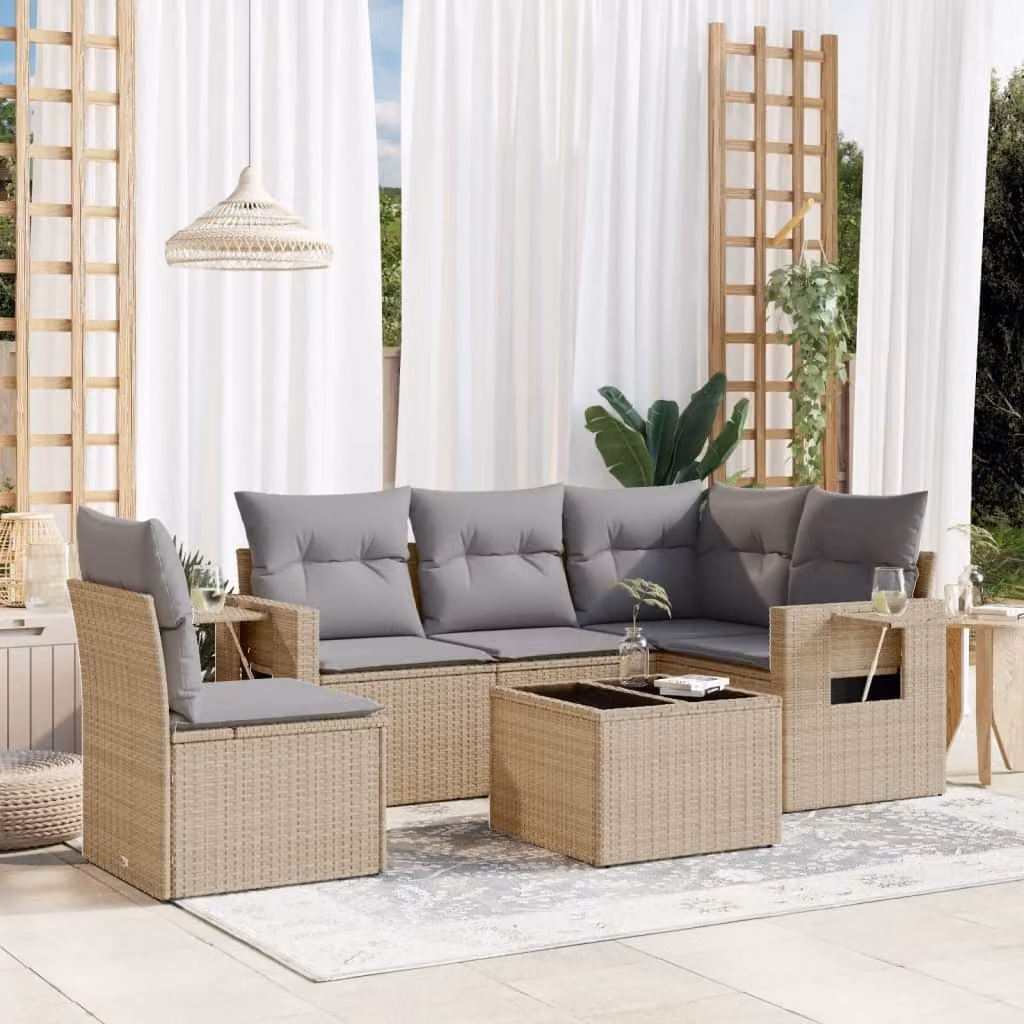 Set Divano da Giardino vidaXL 6 pz in Polyrattan con Cuscini Beige e Tavolino Moderno a Forma di L – 1