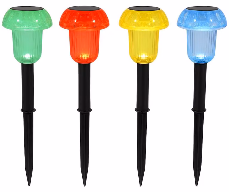 Set di 4 lampade solari a forma di fungo, colorate, alte 24 cm, con tecnologia LED