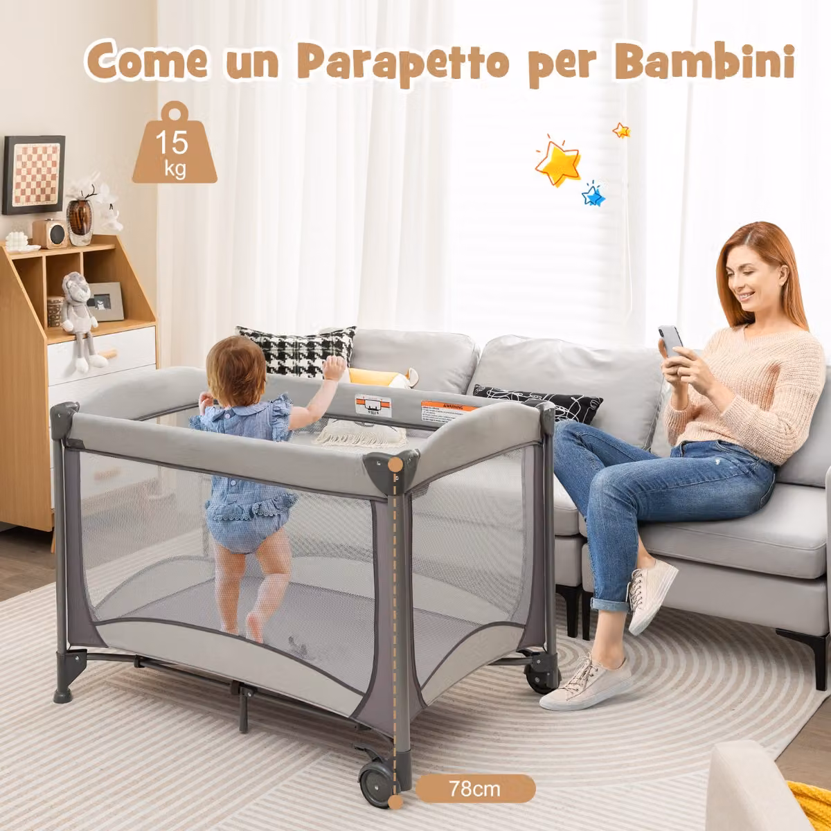 Costway Culla da viaggio pieghevole 5 in 1 con fasciatoio e ruote, lettino multifunzionale per neonati, portata 15 kg, Grigio – 3